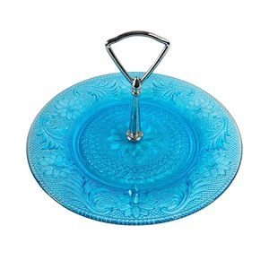 Vintage Indiana Blue Glass Tidbit Sandwich Tray Chrome Handle Mid Century MCM